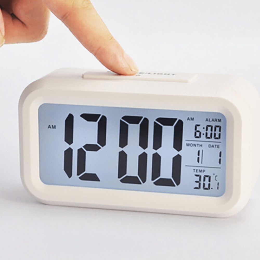 Alarm Clock Large Lcd Display Battery Digital Kids Light Sensor Nightlight Office Table White - Image 3