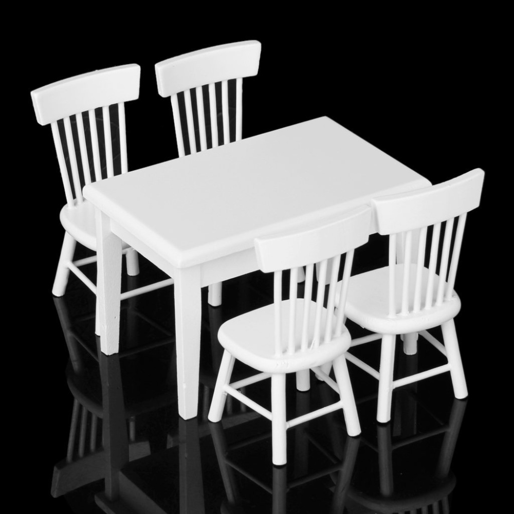 5pcs White Dining Table Chair Model Set 1:12 Dollhouse Miniature Furniture - Image 2