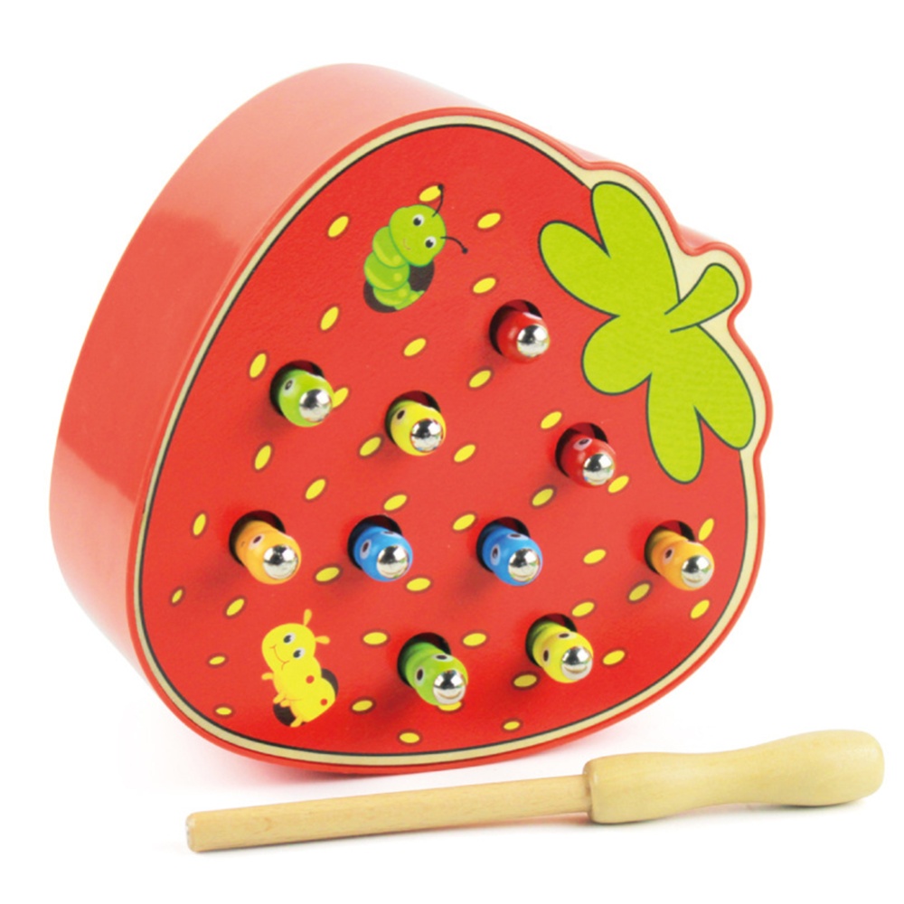 Baby Wooden Toys 3D Puzzle Early Childhood Educational Catch Worm Game Color Cognitive Magnetic Strawberry/Apple Strawberry
