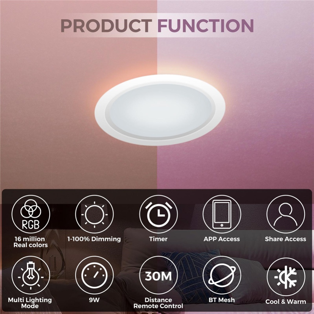 Smart Led Recessed Lighting Wi-fi Can Light Up Downlights Music Sync Compatible 4 Inches 9w 1pcs - Image 2