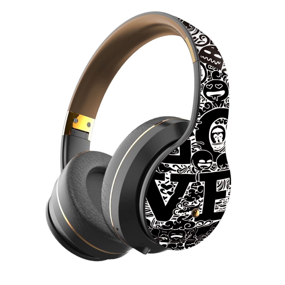 BT Headset Graffiti Pattern Head-mounted Wireless Bluetooth Headphone Universal for PC and Phone Plug-in Card Foldable black gold