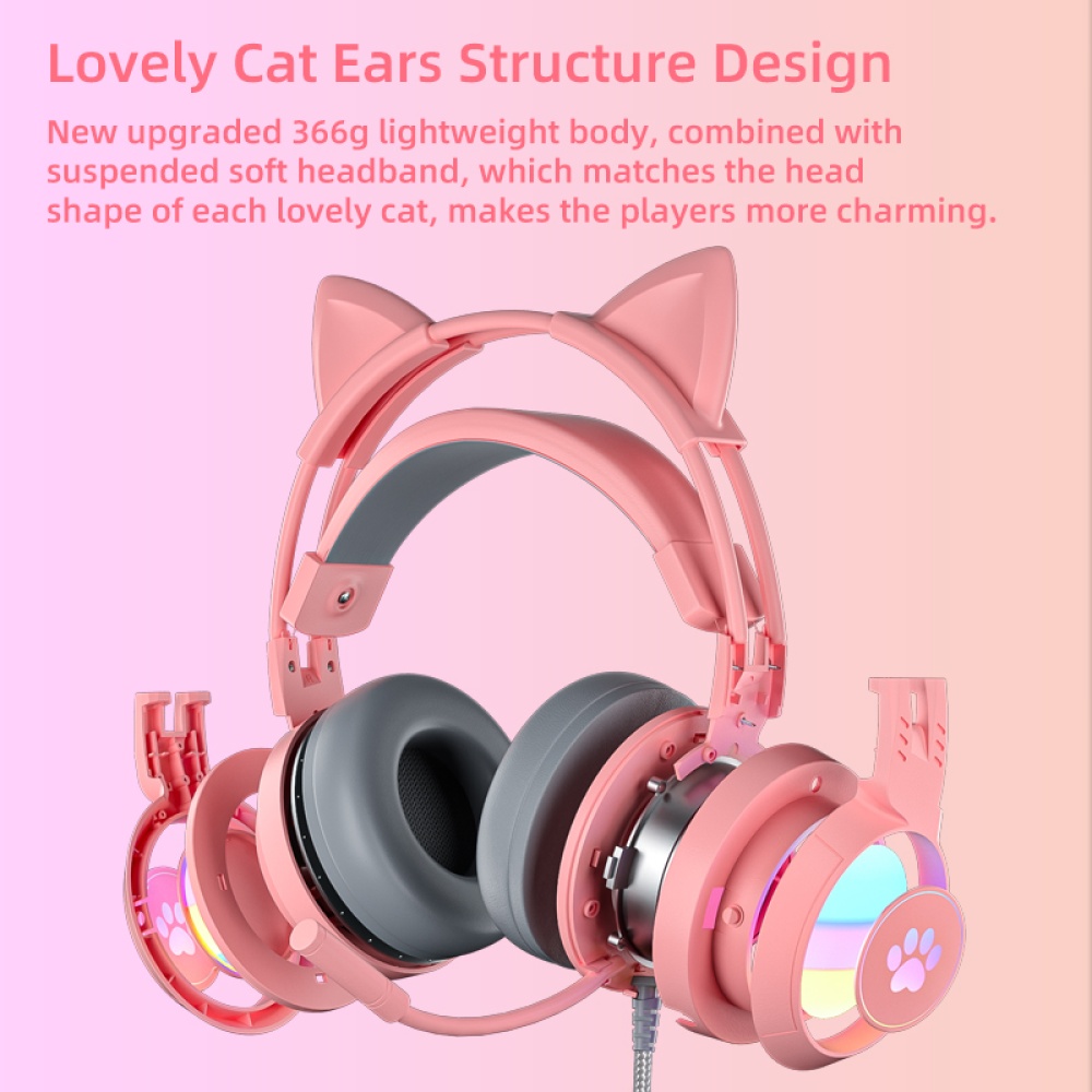 G25 Cute Cat Ear Luminous Wired Headset Noise-canceling High-definition Microphone Stereo Ergonomic Gaming Computer Earphone Pink - Image 2