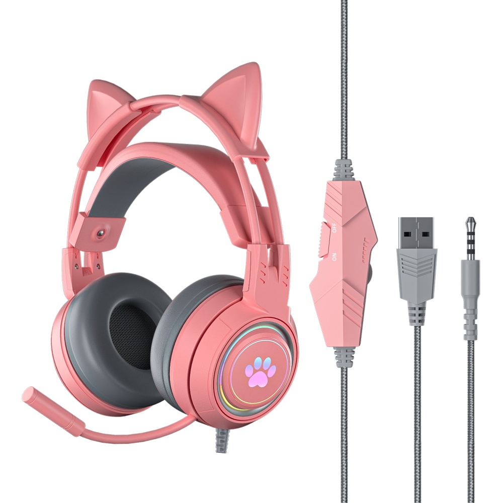 G25 Cute Cat Ear Luminous Wired Headset Noise-canceling High-definition Microphone Stereo Ergonomic Gaming Computer Earphone Pink - Image 3