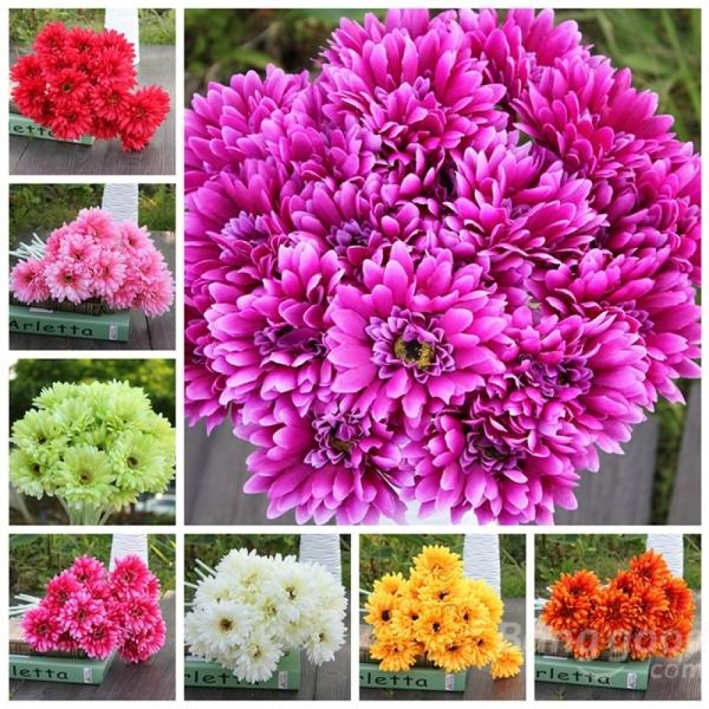 10Pcs Sunbeam Artificial Flower Mum Gerber Daisy Bridal Bouquet Silk Wedding Party Flowers - Pink - Image 2