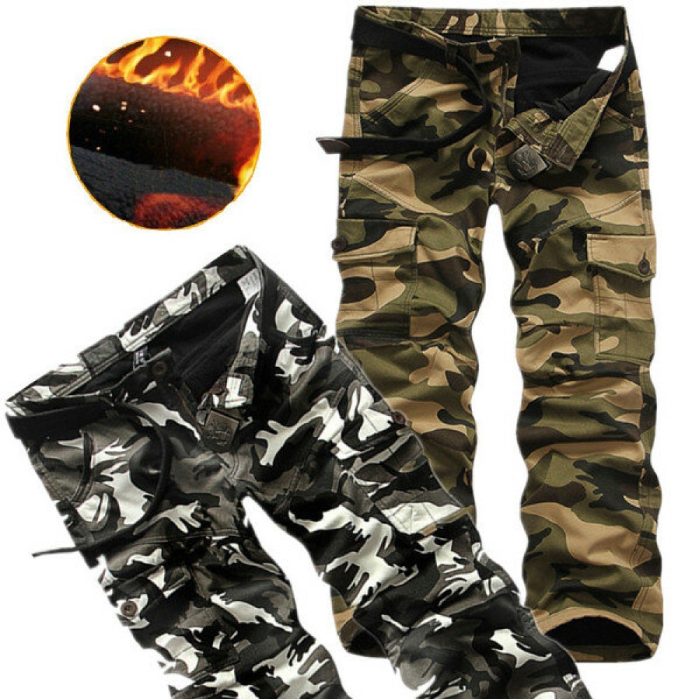 Winter Thick Fashion Cotton Warm Mens Cargo Pants Outdoor Casual Camouflage Pocket Overalls - 38 Black & White - Image 2