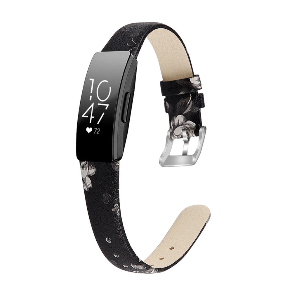 Bracelet Wrist Belt Inspire Pure Color Printing Leather Strap for Fitbit HR Black leather gray flower L code