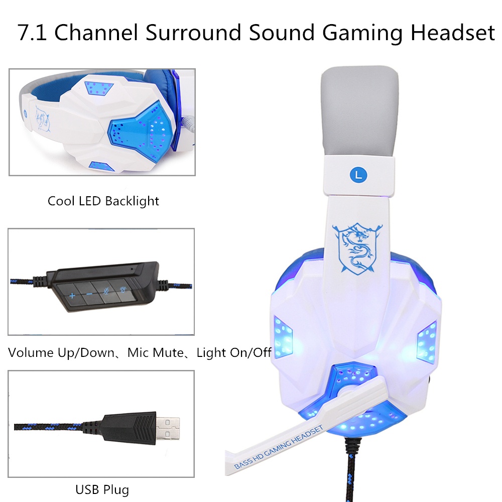 Gaming Headphone USB5.1 stereo game light headset Folding Headset for Gamer White blue - Image 3