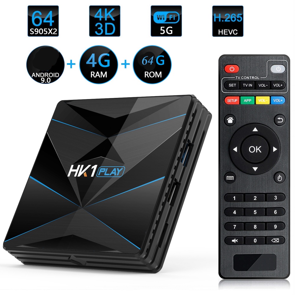 HK1 Play Smart TV Box Android 9.0 Amlogic S905 X2 2.4G/5G Dual WiFi USB3.0 BT4.2 Support 4K H.265 Media Player 4+64G EU plug