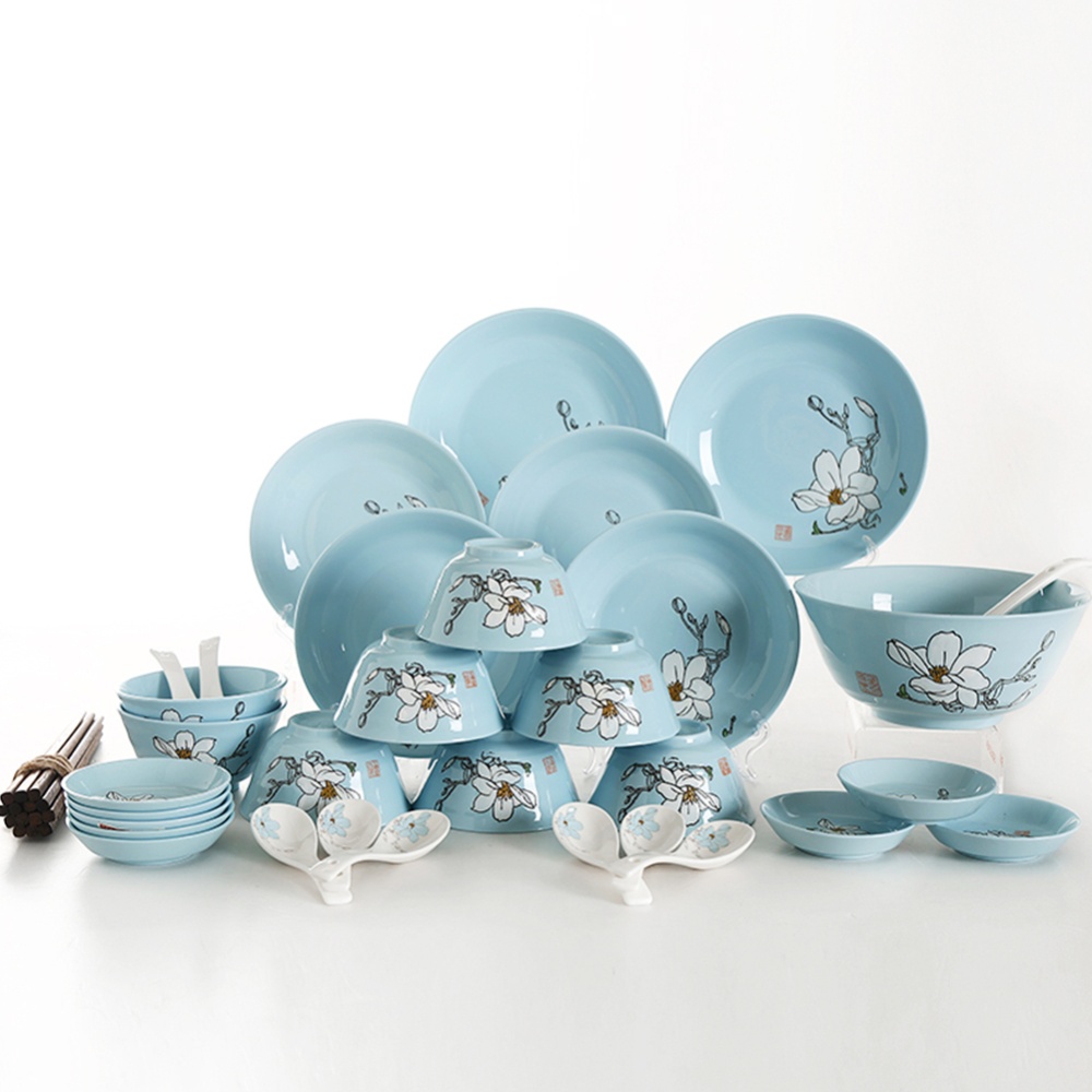 40Pcs/Set Flower Pattern Ceramic Bowl Dish Chopsticks Spoon Tableware Set blue - Image 2