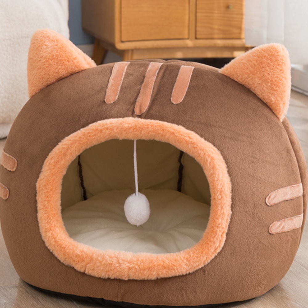 Cat Winter Warm Bed Shape Soft Comfortable Wear-resistant Semi Enclosed House Pet Supplies Brown S 35 x 30