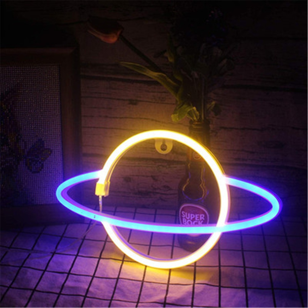 Hanging Planet-shaped Neon Night Light Ip42 Waterproof Rust-proof For Room Wall Kids Bedroom Birthday Party Bar Beach Wedding Decoration Blu