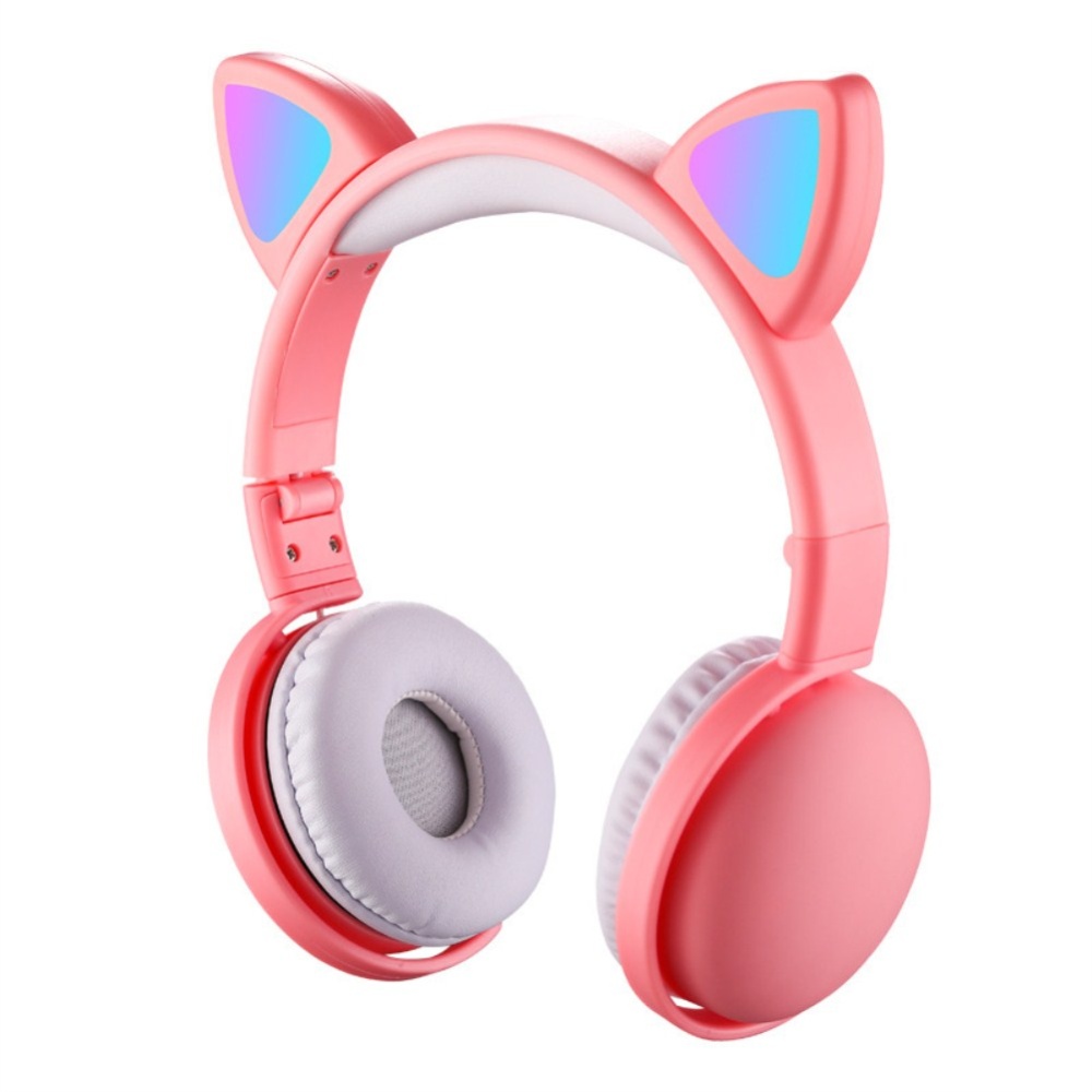 Headset Foldable Cartoon Wireless Cat Ear Headphones Light Bluetooth Pink