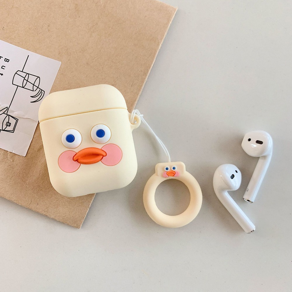 Cute Cartoon Earphone Case for Airpods Funny Sausage Mouth Duck Soft Silicone - Light Yellow