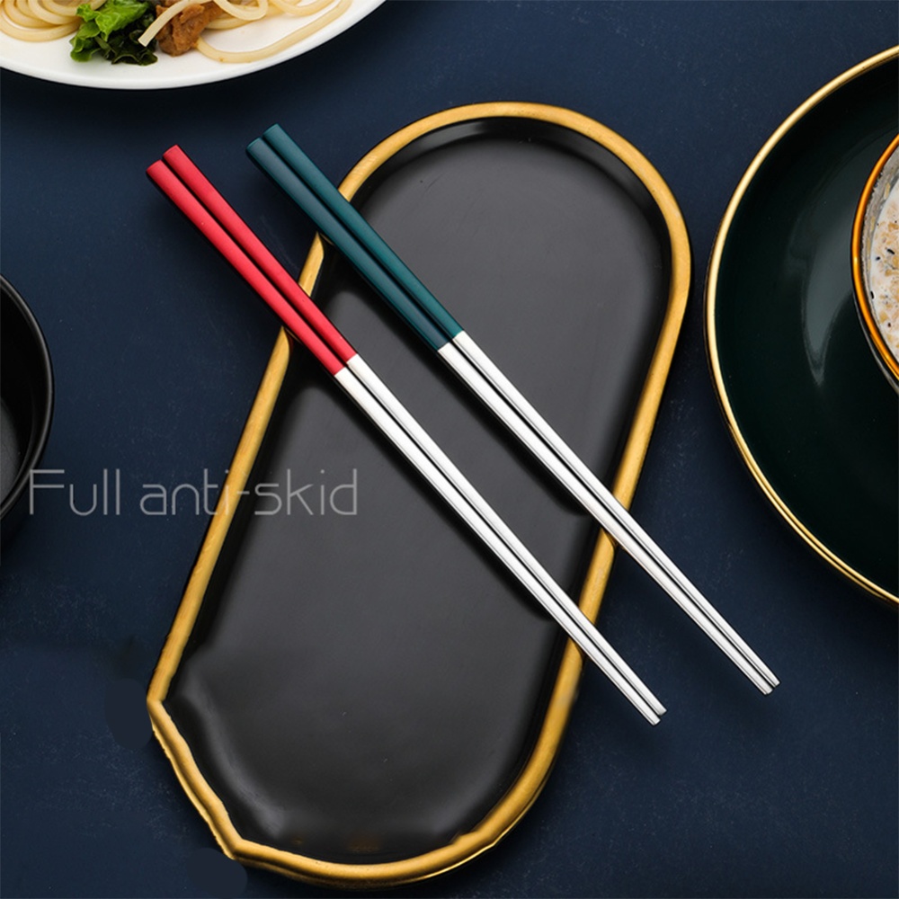 1pair 304 Stainless Steel Chopsticks With Titanium Coating Anti-slip Tableware For Kitchen pink silver square chopsticks - Image 3