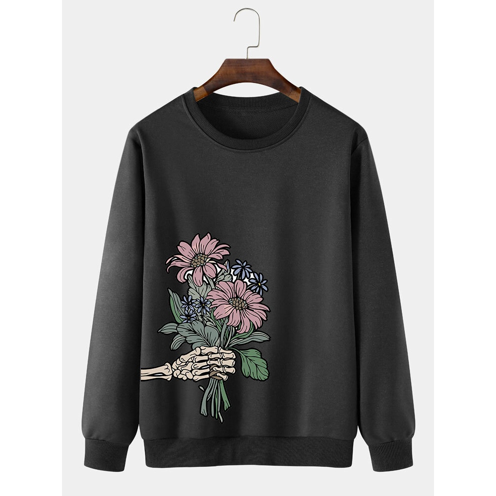 Mens  Cotton Flower Skeleton Print Street Pullover Sweatshirts - Black M