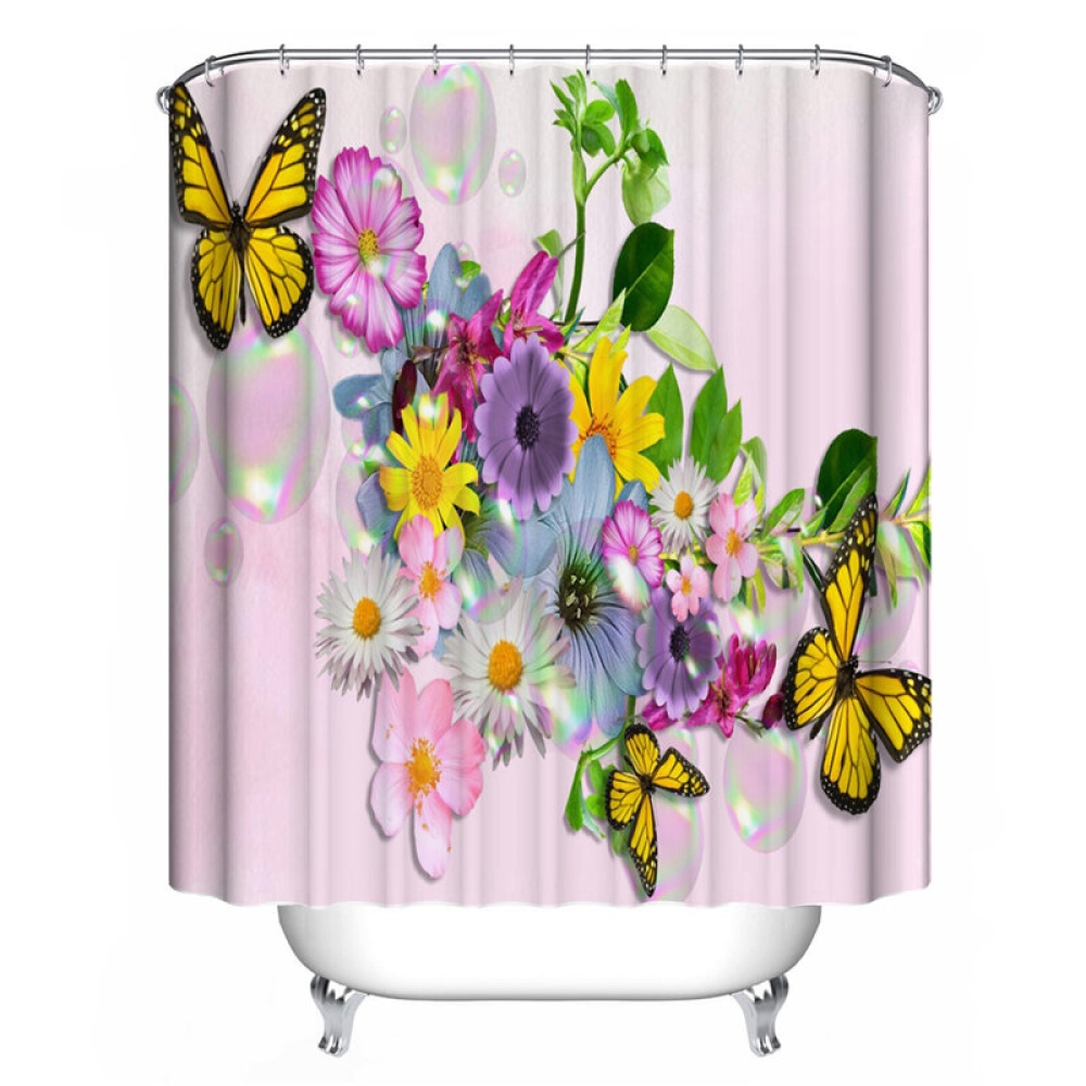 Butterfly Flower Pattern Shower Curtain Toilet Lid Cover Pedestal Rug Waterproof Non-slip Bath Mat Bathroom Decoration Set - 3PCS - Image 2