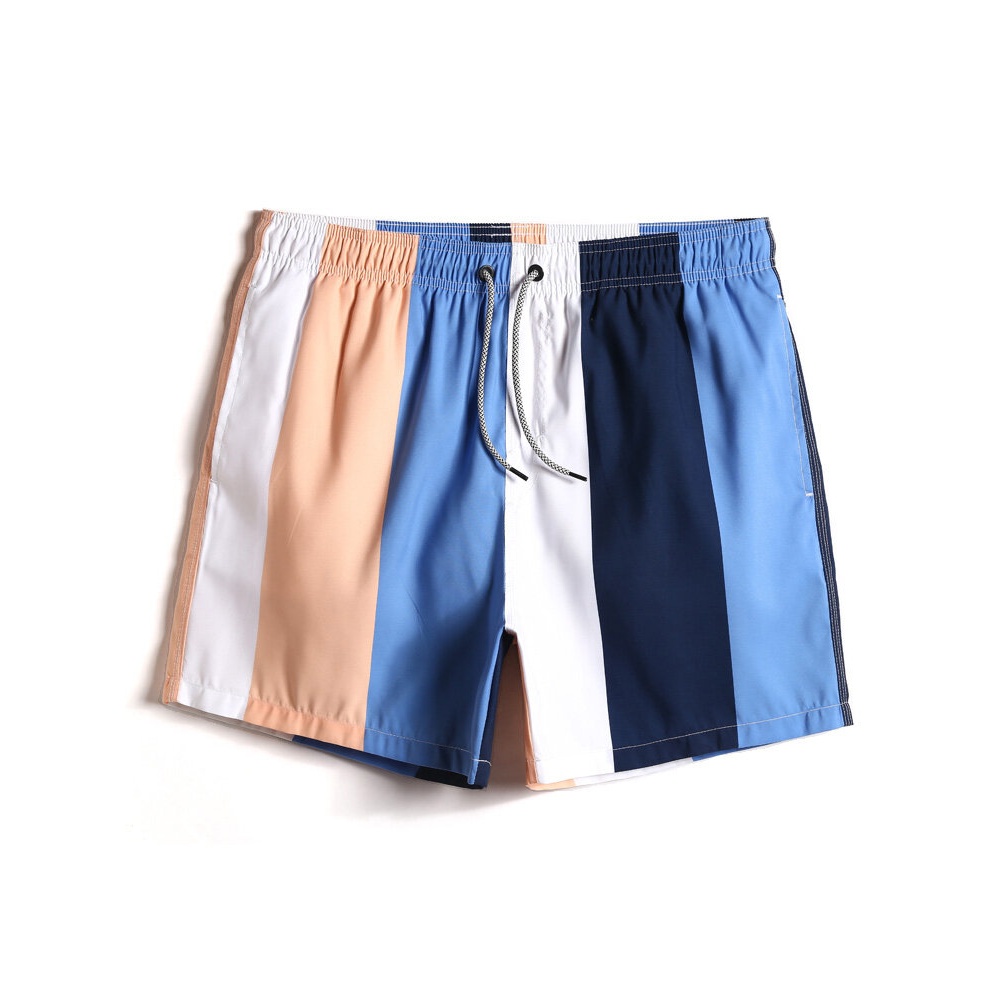 Mens Color Block Stripe Quick-Drying Drawstring Beach Shorts With Pocket - Colorful S