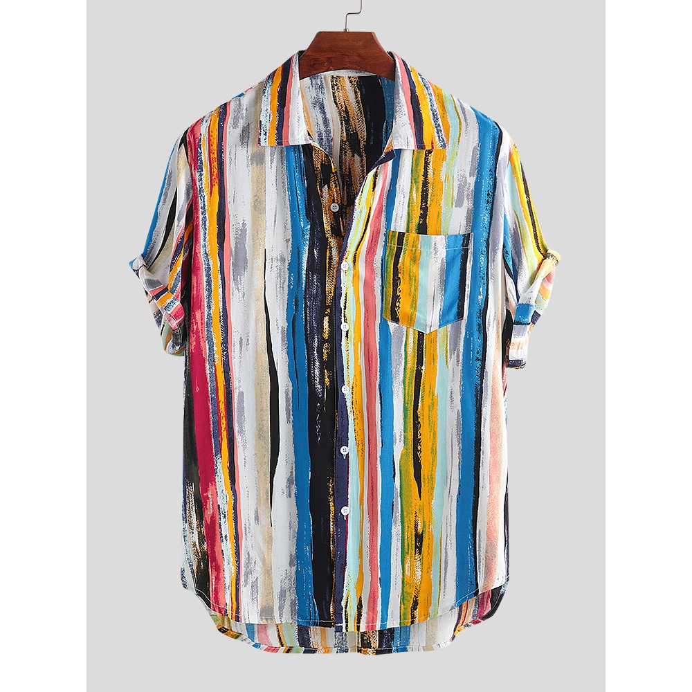 Mens Stripe Printing Graffiti Chest Pocket Short Sleeve Summer Shirts - M Blue