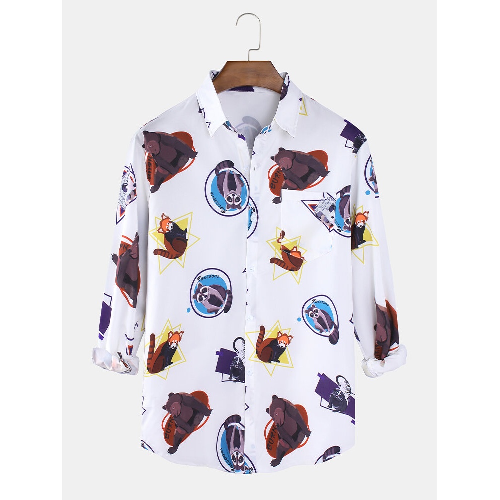 Mens Cartoon Animal Pattern Print Curved Hem Long Sleeve Shirts With Pocket - Dark Grey L