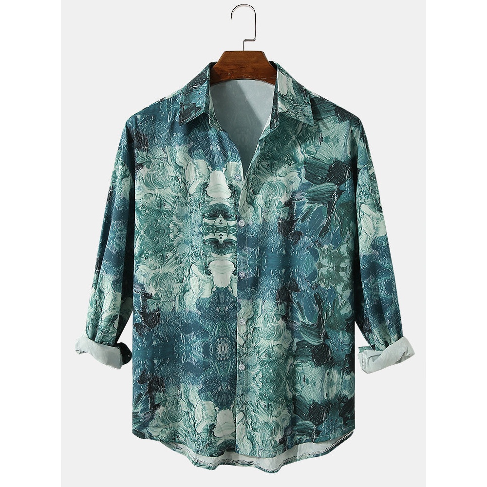 Mens Design Print Gradient Green Long Sleeve Casual Shirts - Green 3XL