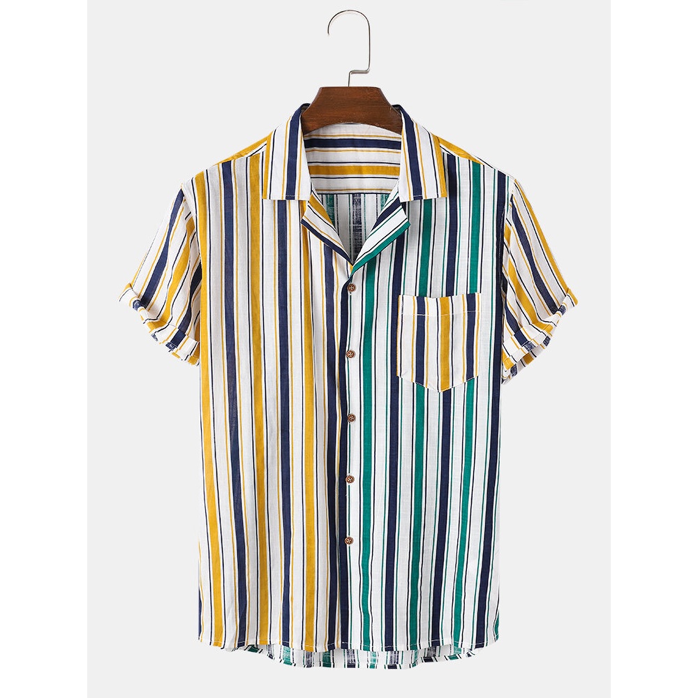 Mens Colorful Striped Pocket Lapel Collar Casual Shirts - Yellow S