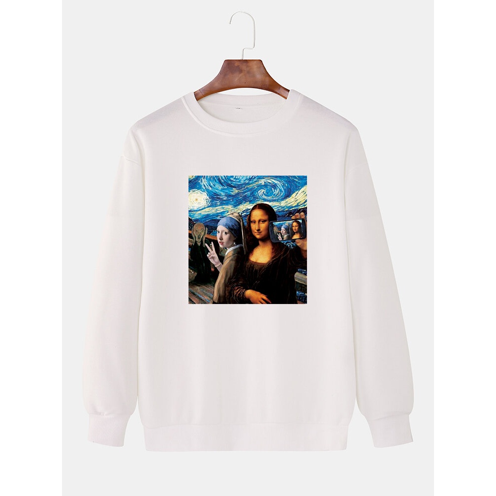 Mens Famous Painting Print Round Neck Drop Shoulders Long Sleeve Cotton Sweatshirts - Black 2XL