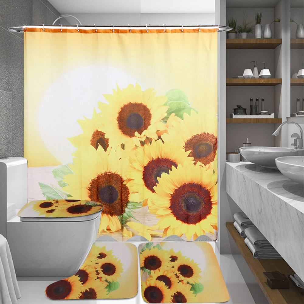 Sunflower Waterproof Shower Curtain Toilet Lid Cover Bathroom Non-slip Mat Set - Type B - Image 2