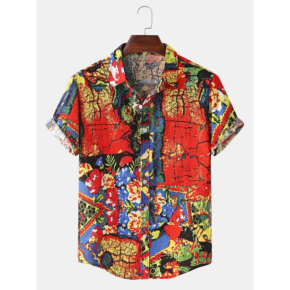 Mens Vintage Oil Painting Print Button UP Turn Down Short Sleeve Hawaii Holiday Shirts - Red M