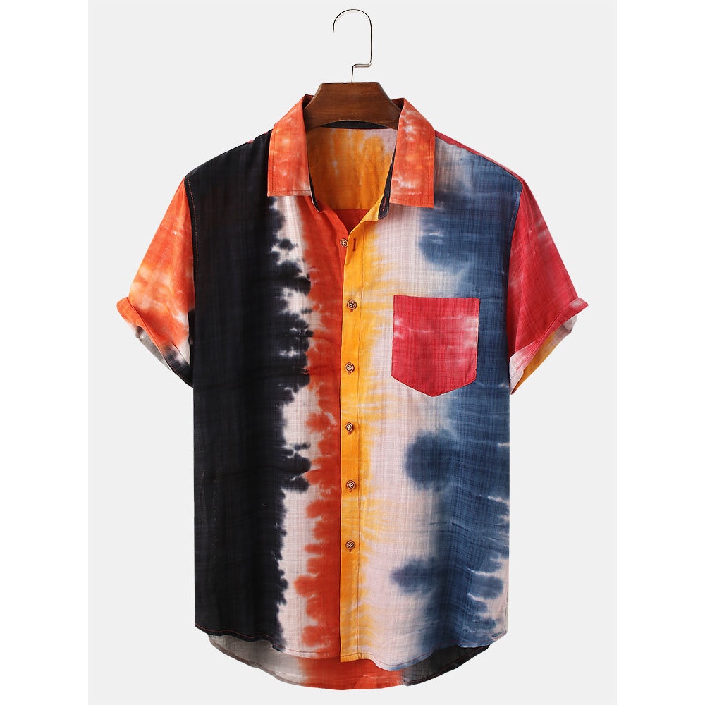Mens Casual Tie Dye Patchwork Short Sleeve Shirts - Yellow S