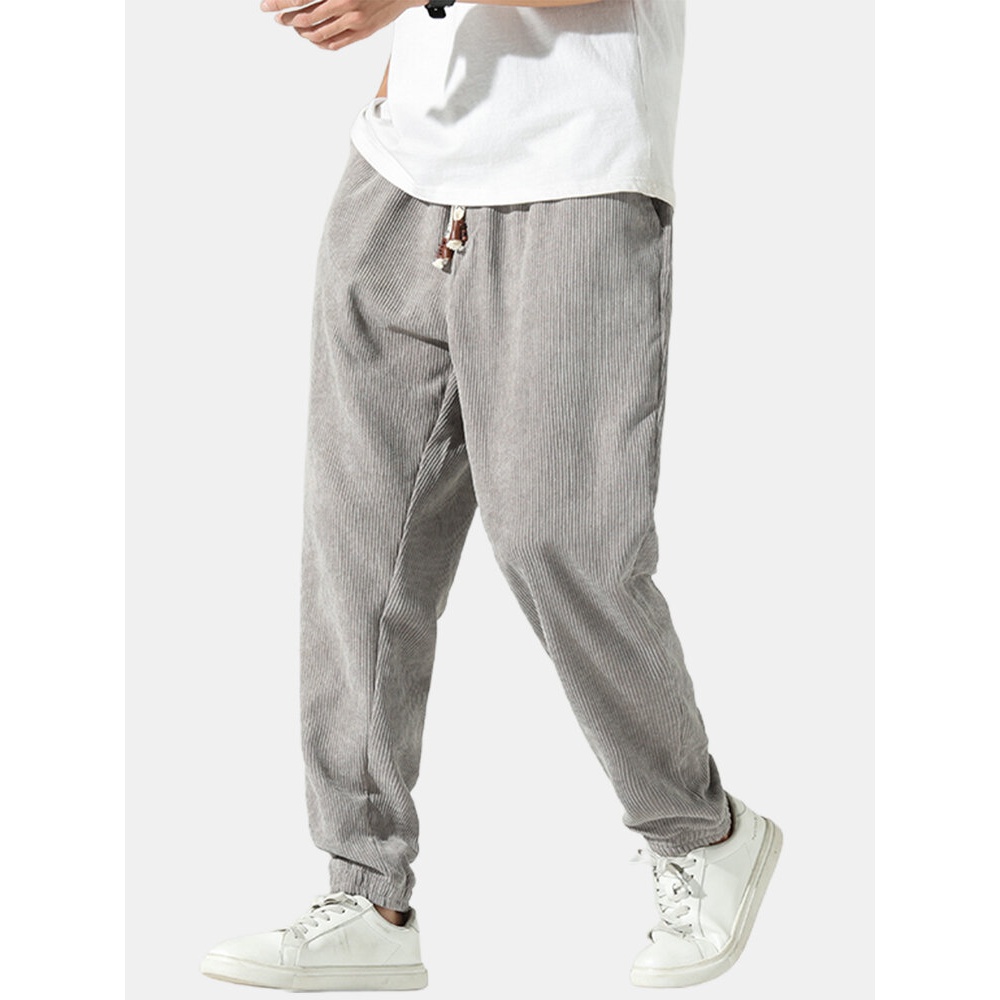 Mens Corduroy Solid Color Casual Pants With Pocket - Black XL