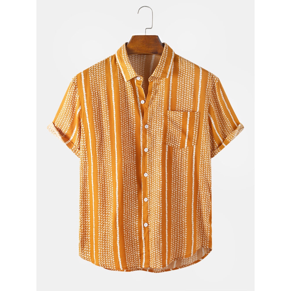 Mens Casual Rayon Stripe Small Pattern Breathable Pocket Leisure Shirts - White M