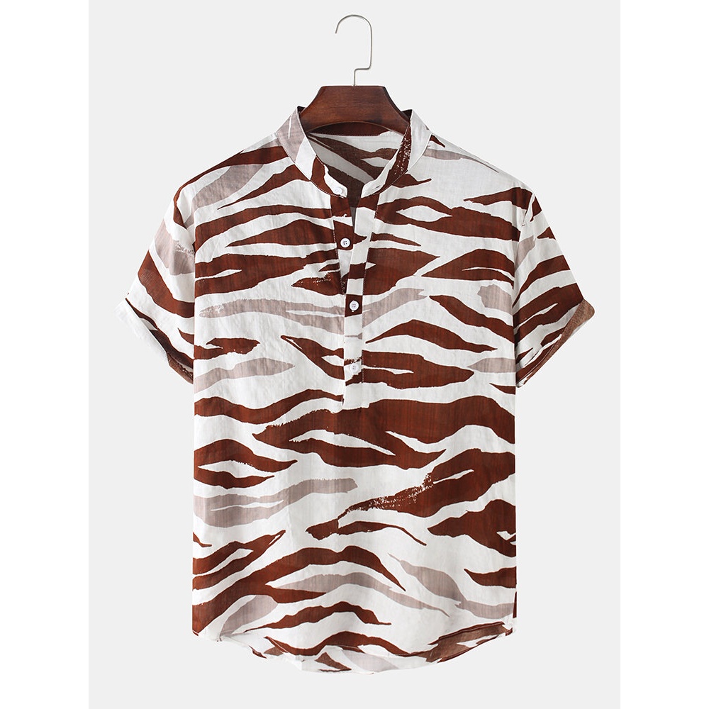 Mens Tiger pattern Print Henley Collar Short Sleeve Shirts - Brown M