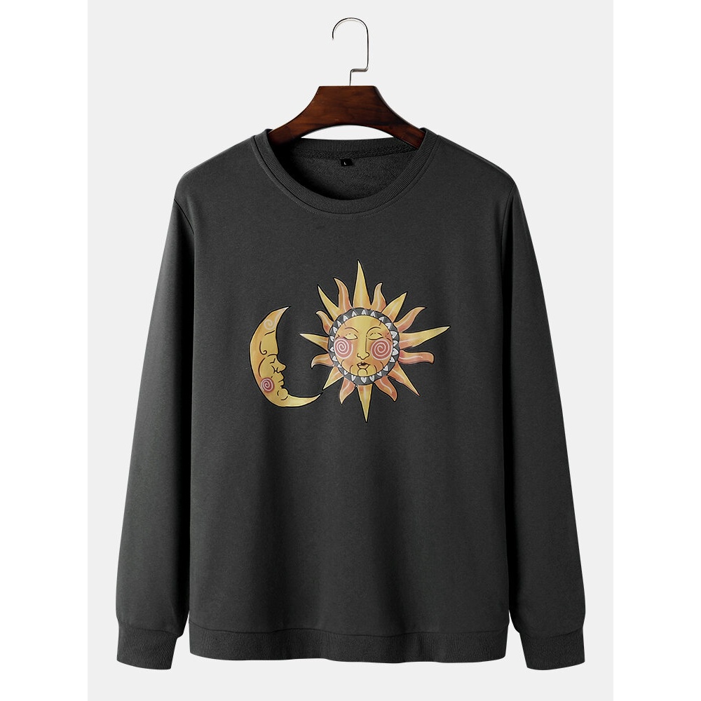 Mens Sun & Moon Celestial Graphic Round Neck Pullover Cotton Sweatshirts - Purple L