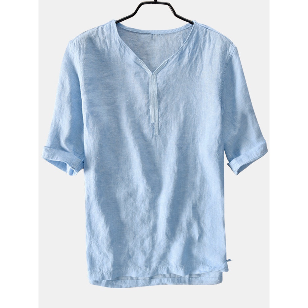 Mens Bamboo Cotton V Neck Half Sleeve Loose T-shirts - 2XL Light Green