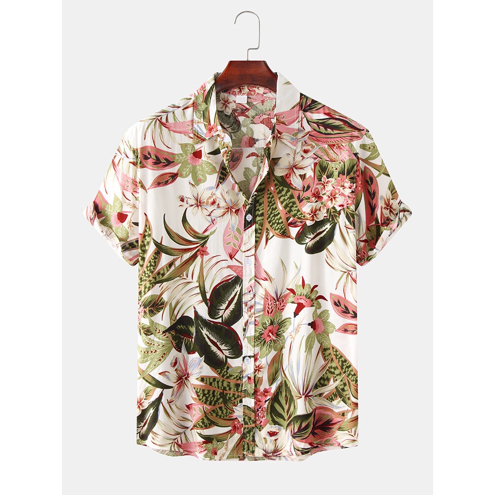 Men Color Block Floral Print Turn Down Collar Hawaii Holiday Short Sleeve Shirts - White S