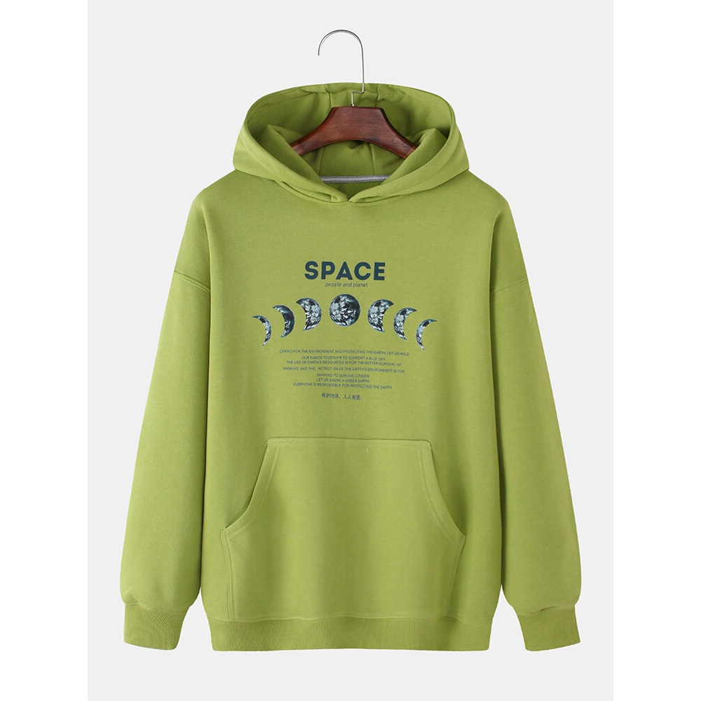 Mens Slogan Print Drop Shoulder Kangaroo Pocket Long Sleeve Design Hoodies - Green S