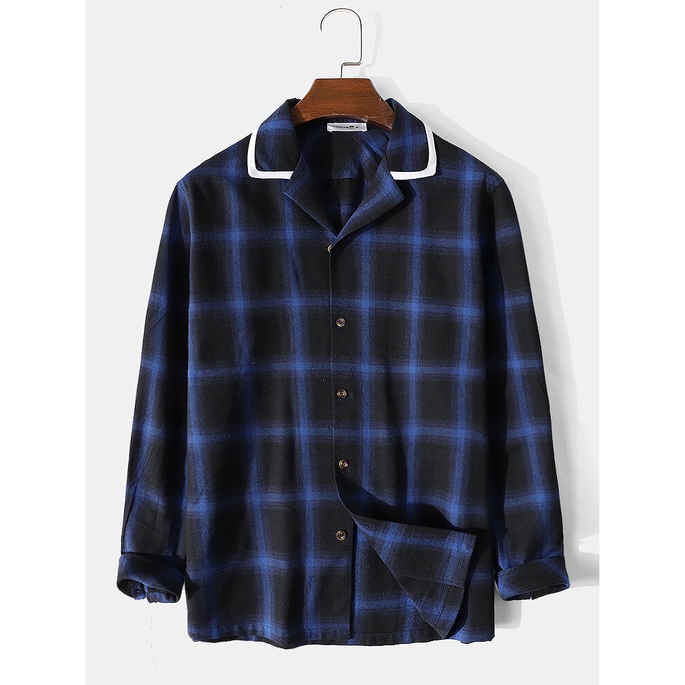 Mens Check Contrast Revere Collar Cotton Casual Long Sleeve Shirts - Blue S