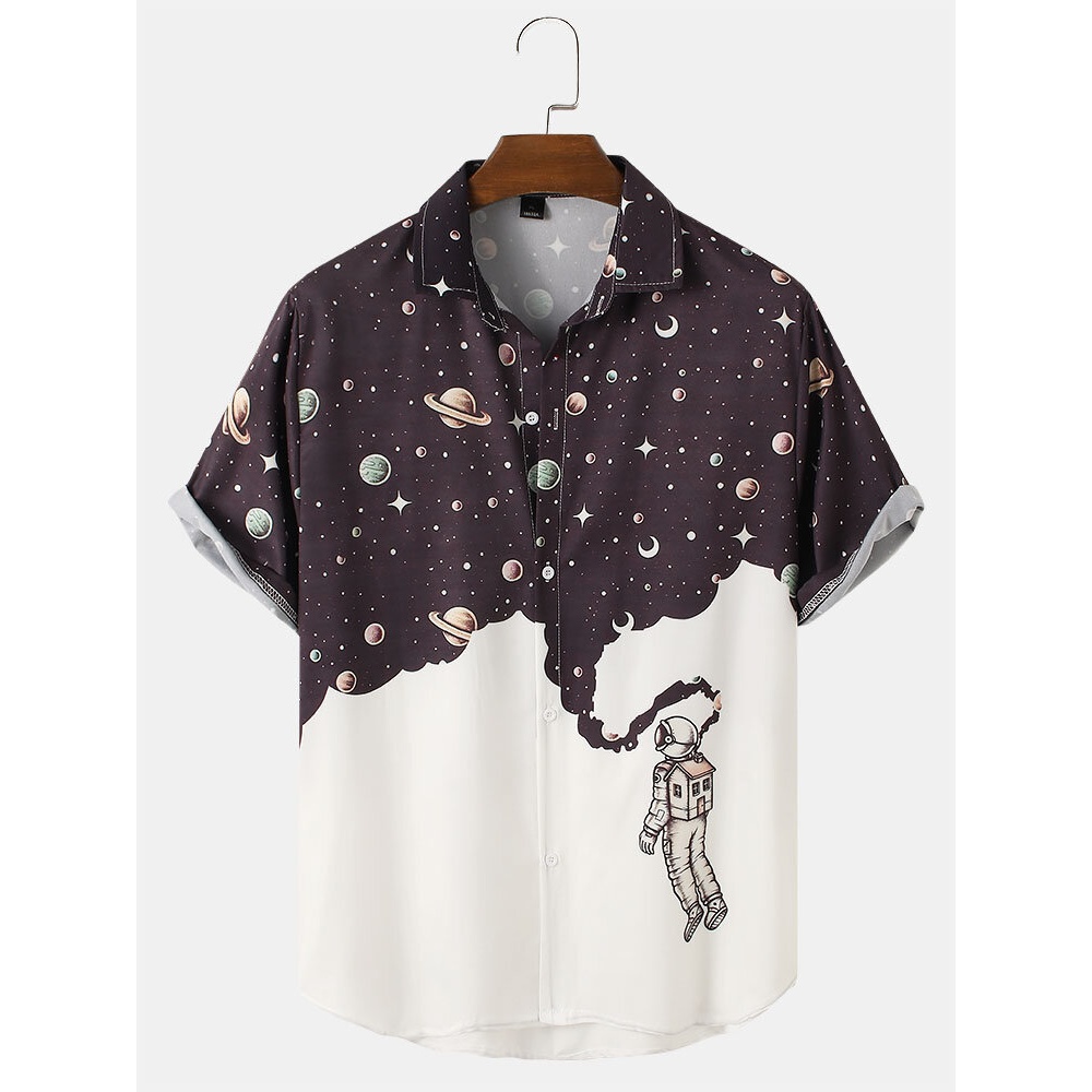 Mens Galaxy Pattern Astronaut Print Preppy Short Sleeve Shirts - White 2XL