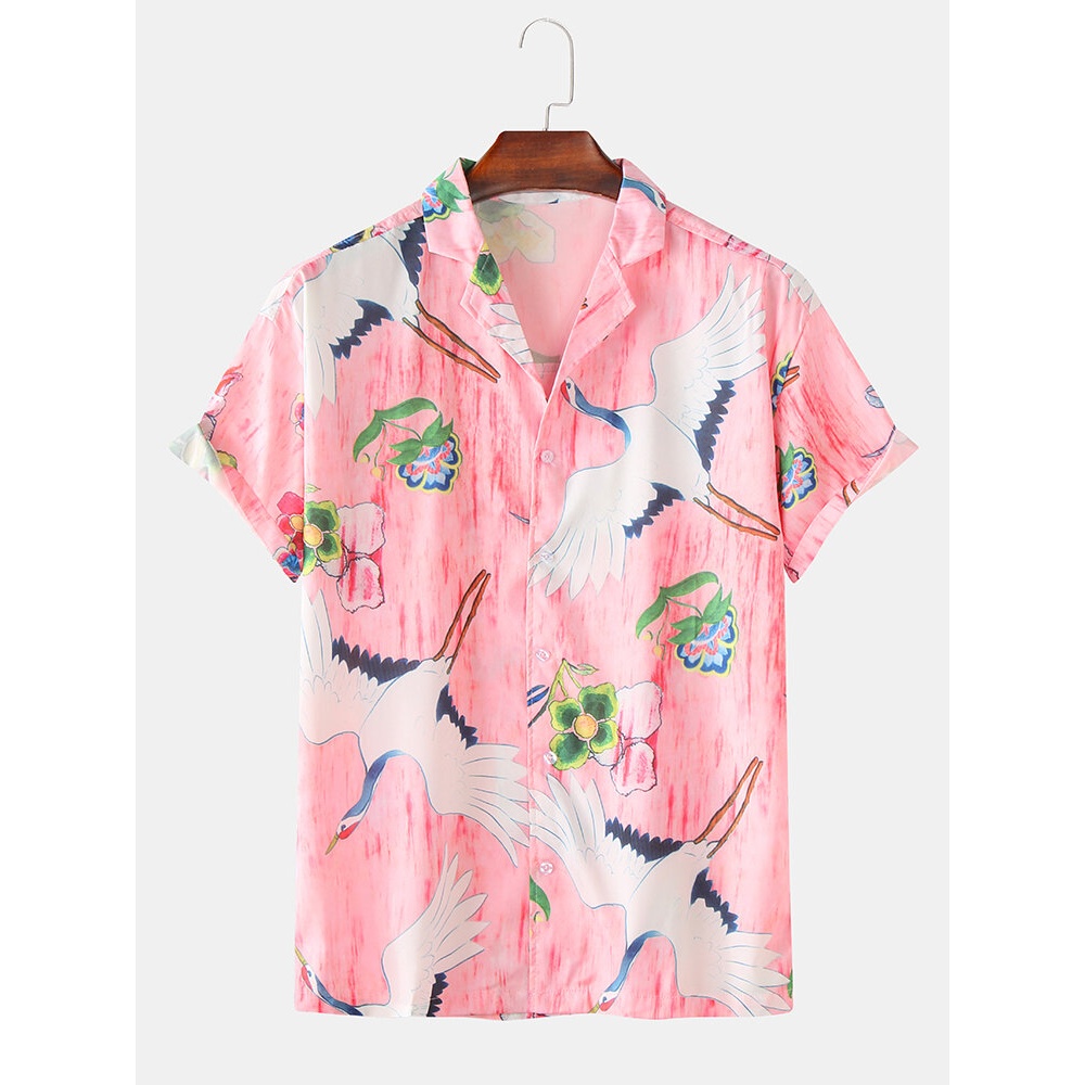 Men Vintage Cartoon Crane Print Turn Down Collar Short Sleeve Casual Shirts - Black M