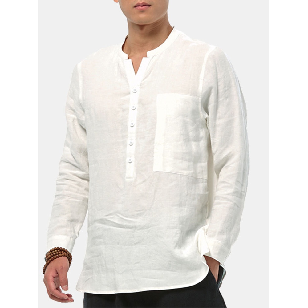 Mens Vintage Comfy Cotton Breathable V-neck Solid Color Loose Casual Buttons T Shirts - 2XL Brown