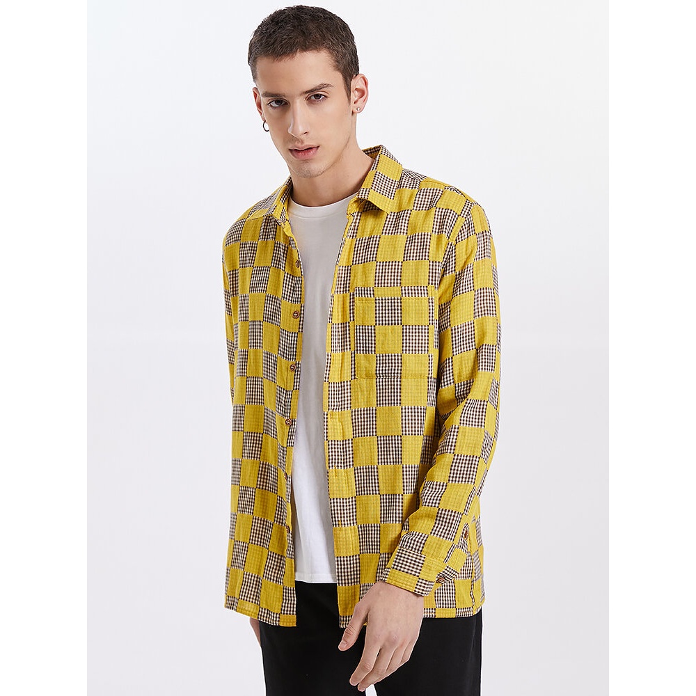 Mens Gingham Check Button Up 100% Cotton Long Sleeve Shirts - Yellow S