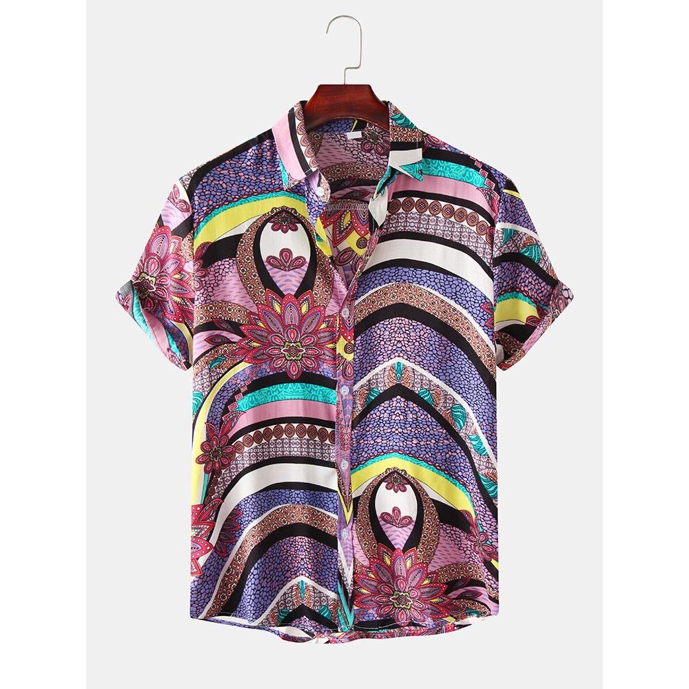 Men Ethnic Colorful Abstract Graphic Print Hawaii Turn Down Collar Short Short Sleeve Shirts - Purple M