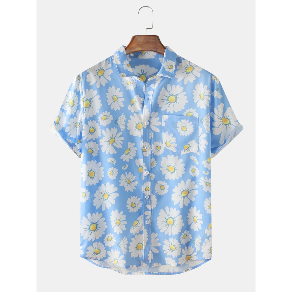 Daisy Spray Floral Printed Breathable Designer Chest Pocket Short Sleeve Shirts For Men Women - Green M