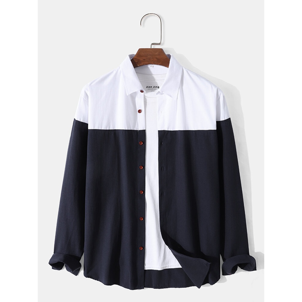 Men Patchwork Two Tone Stitching Button Up Casual Long Sleeve Shirts - Dark Grey XL