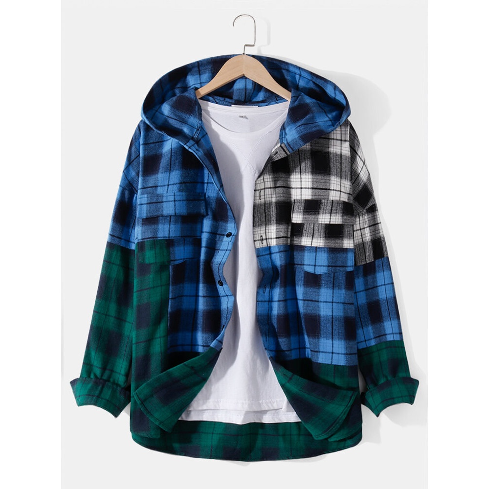 Mens Cotton Patchwork Plaid Chest Pocket Hooded Shirts - Green S
