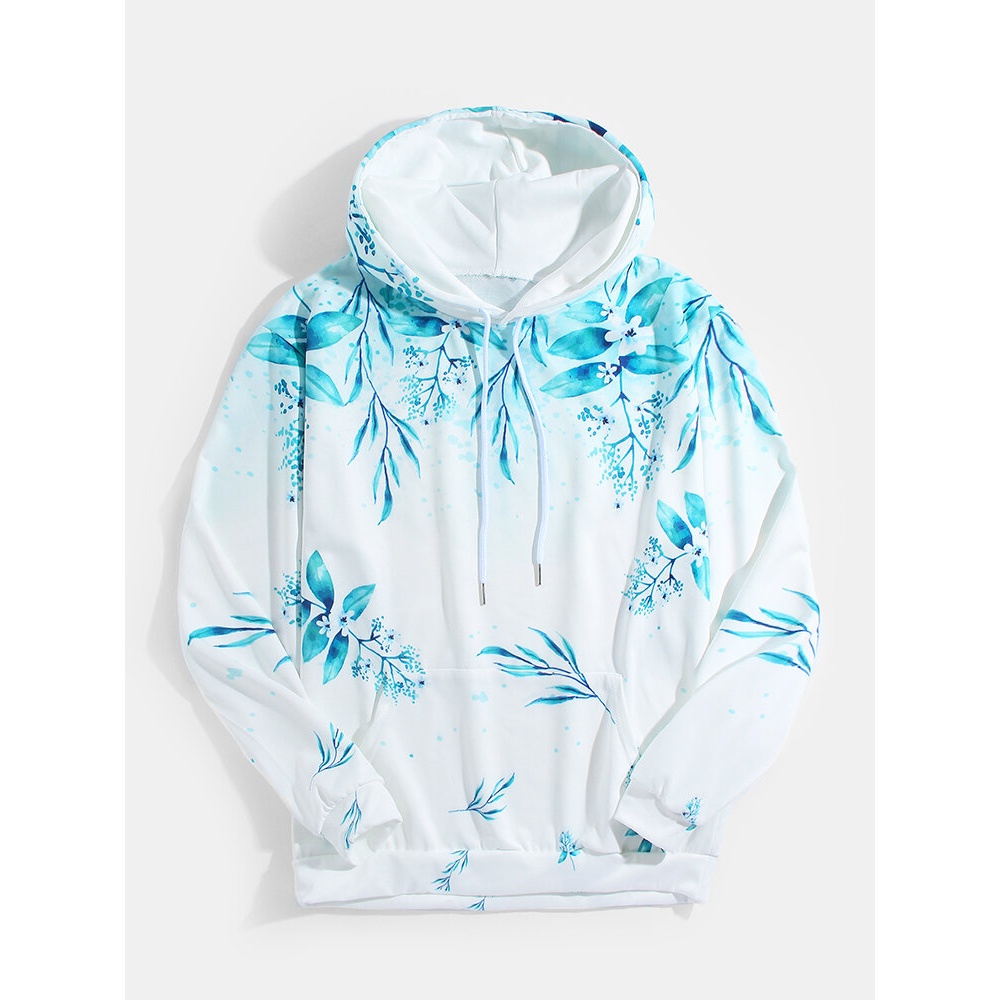 Mens Allover Plant Leaf Print Pouch Pocket Casual Drawstring Hoodies - M Green