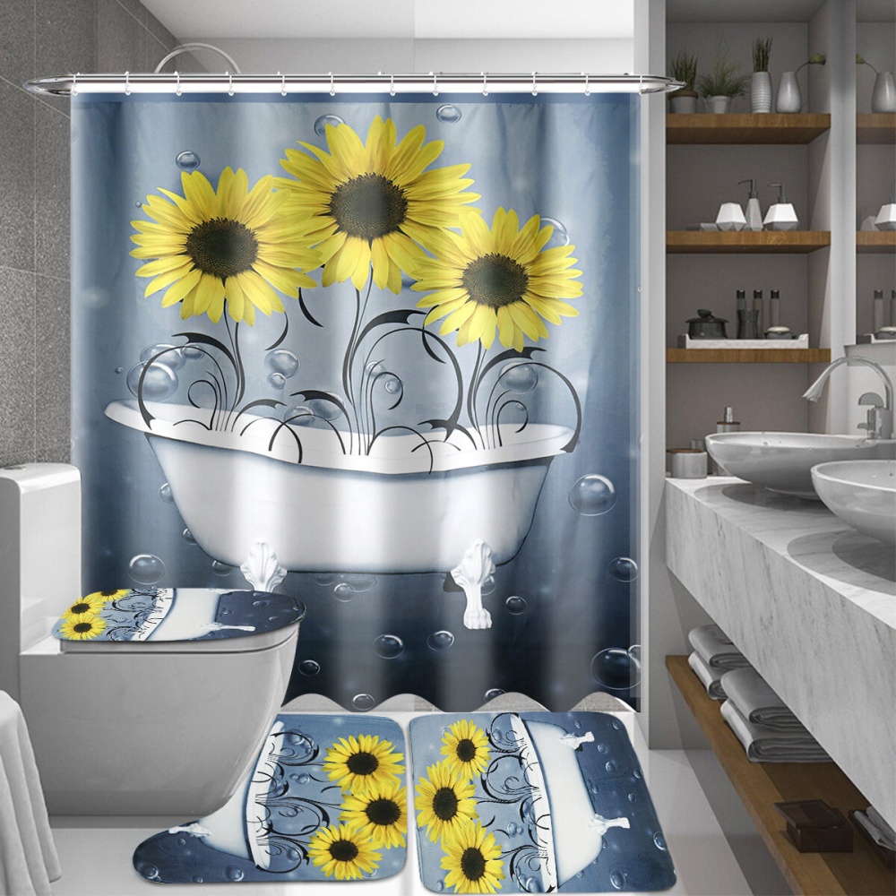 Sunflower Shower Curtain Non-Slip with Free Hooks Waterproof Fabric Bathroom Set - Type B - Image 2