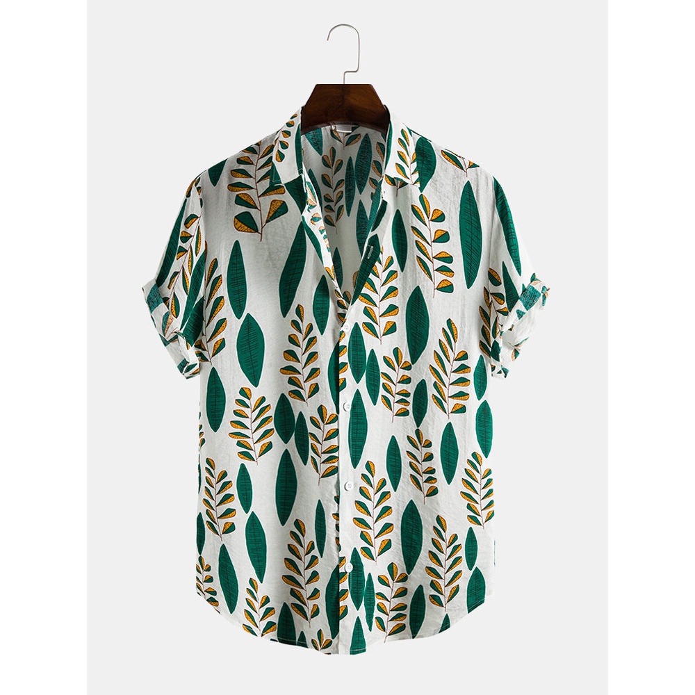 Mens Leaf Print Lapel Button Up Curved Hem Holiday Shirt - Green S