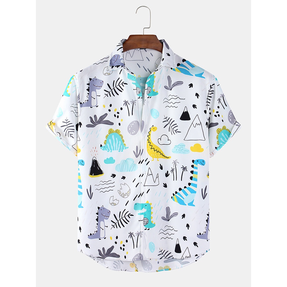 Mens Cartoon Dinosaur & Plant Print Loose Light Casual Short Sleeve Shirts - White 3XL