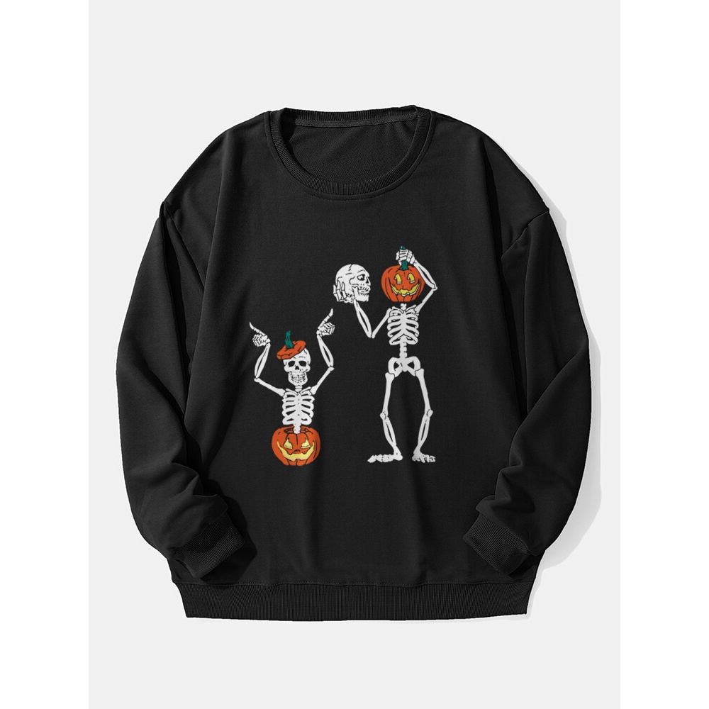 Mens  Pumpkin & Skull Round Neck Pullover Sweatshirt - Black XL